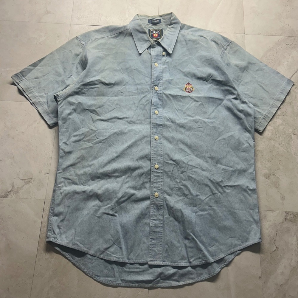 Chaps Ralph Lauren Denim Shirt Blue Mens XXL Short Sleeve Crest Logo Vintage